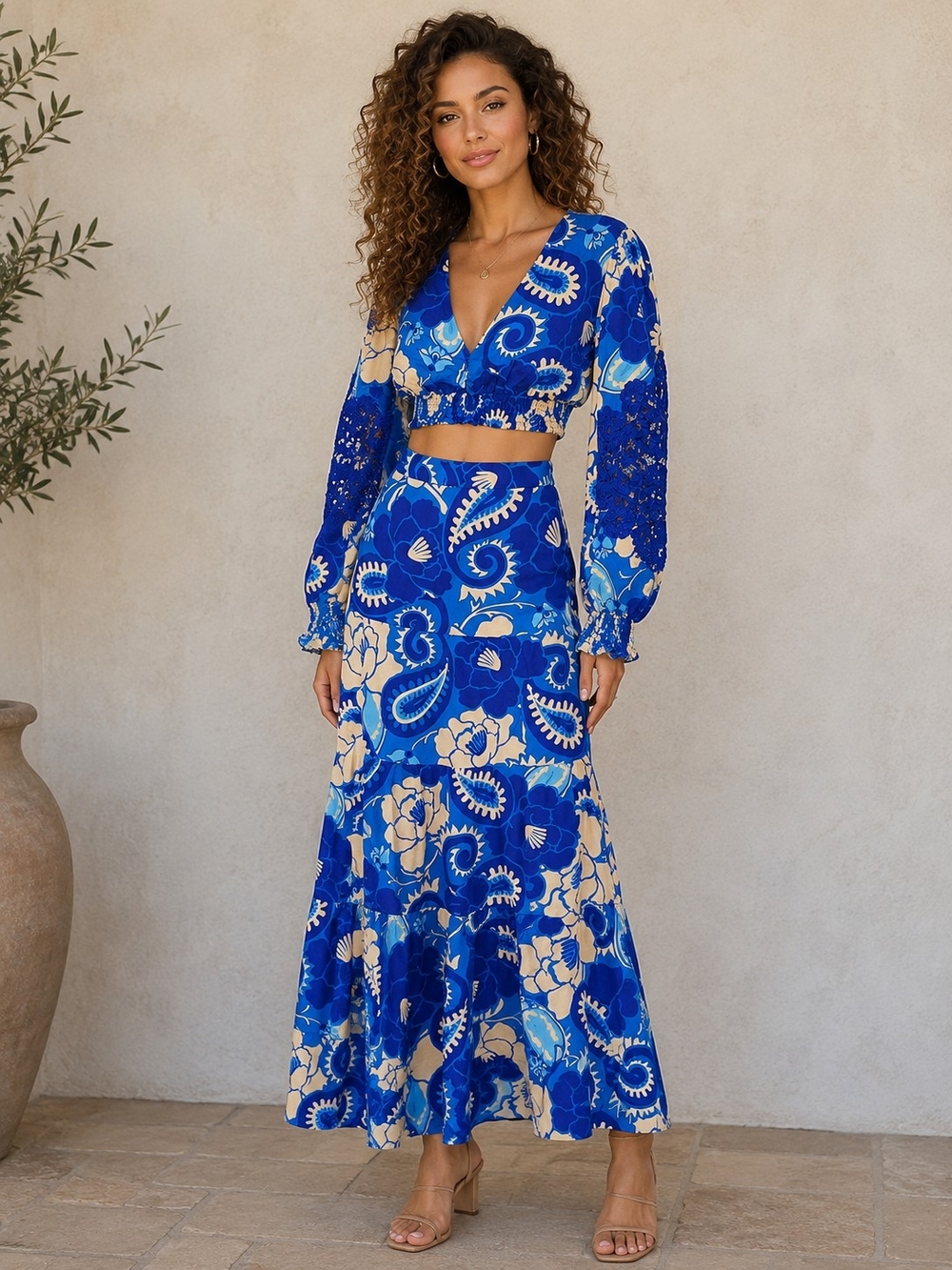 NWT HOUSE OF HARLOW Revolve Linen Blend Blue Top and Tiered Skirt Sets Sz Large